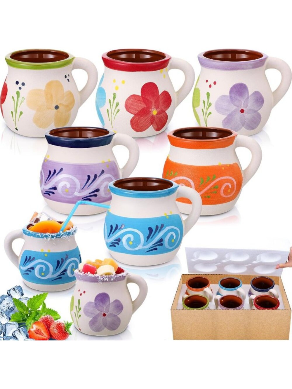 Set of 6 Mexican Terracotta Clay Mugs - 12 oz Rustic Drinkware for Home Decor